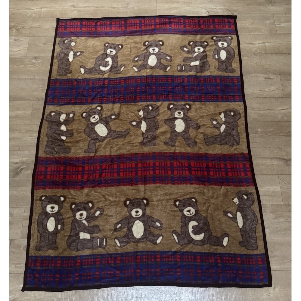 Vintage San Marcos Teddy Bear Plaid Full Size Throw Stadium Blanket 55" X 79"
